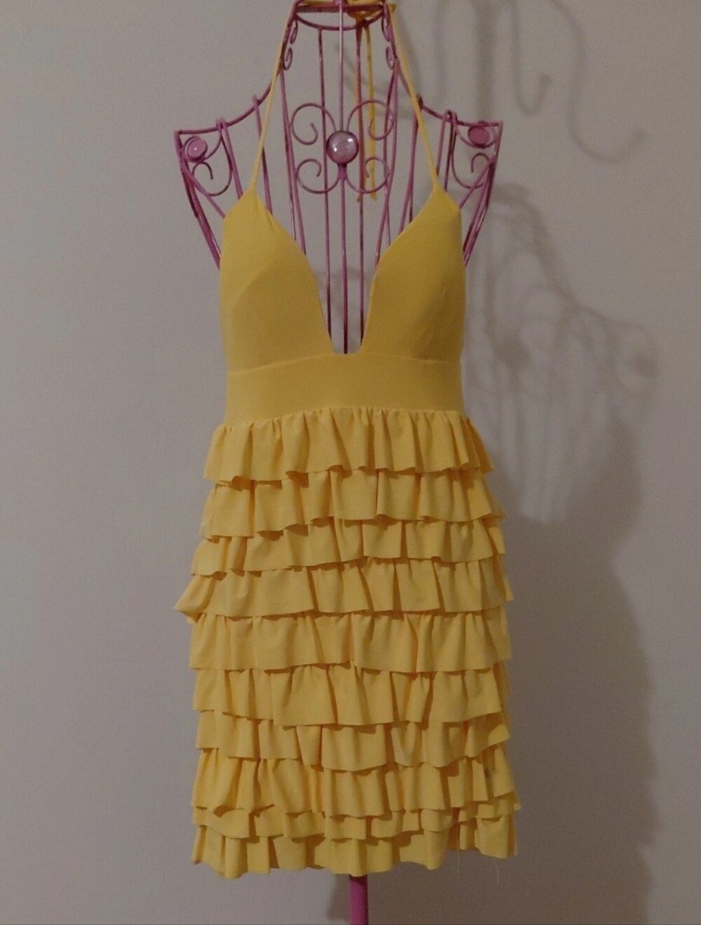 Size M. Ruffle Tiered Mini Dress in Yellow